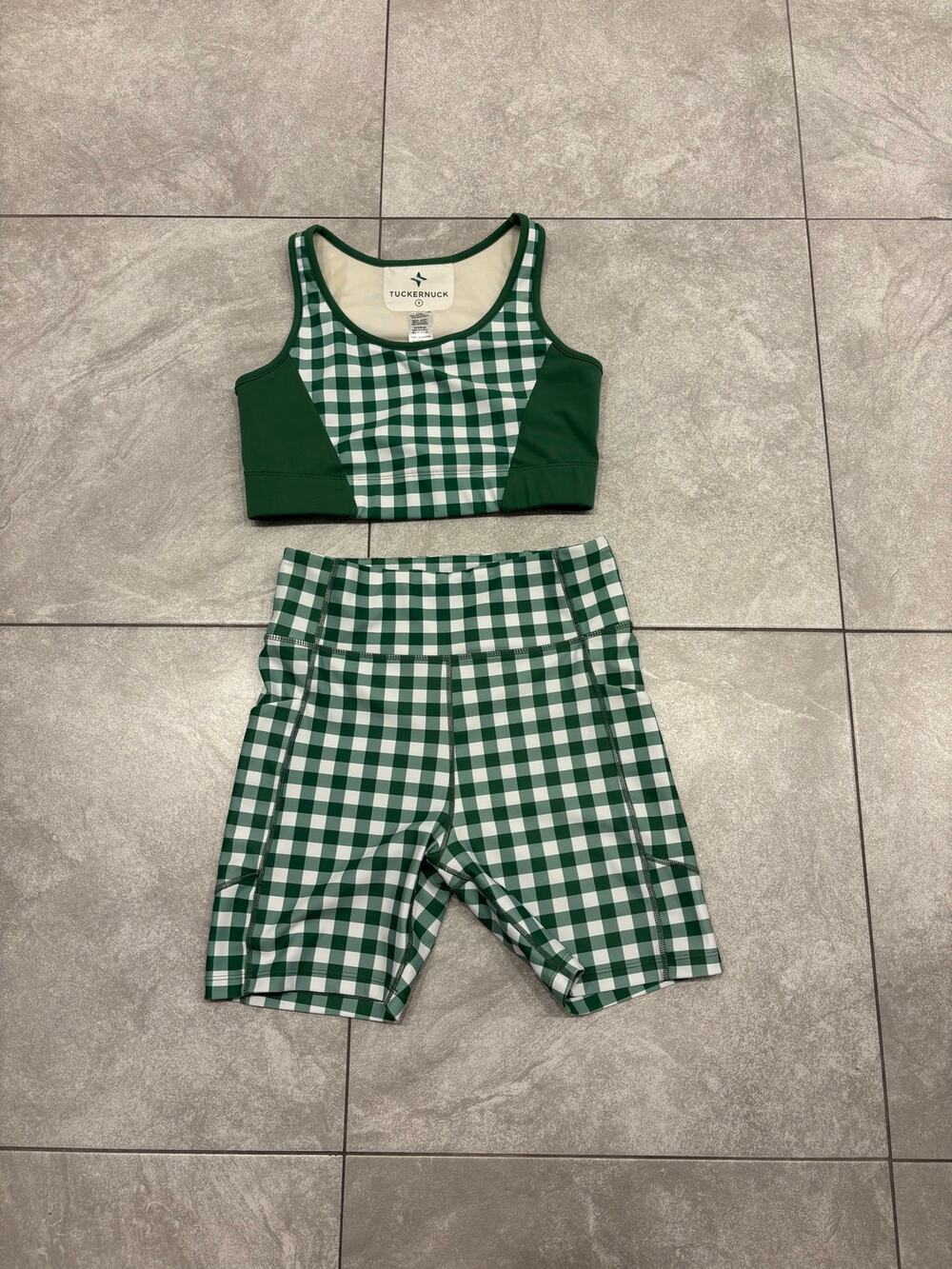 Tuckernuck Gingham Ava Bike Shorts & Bra Set Green Preppy Country Club Small